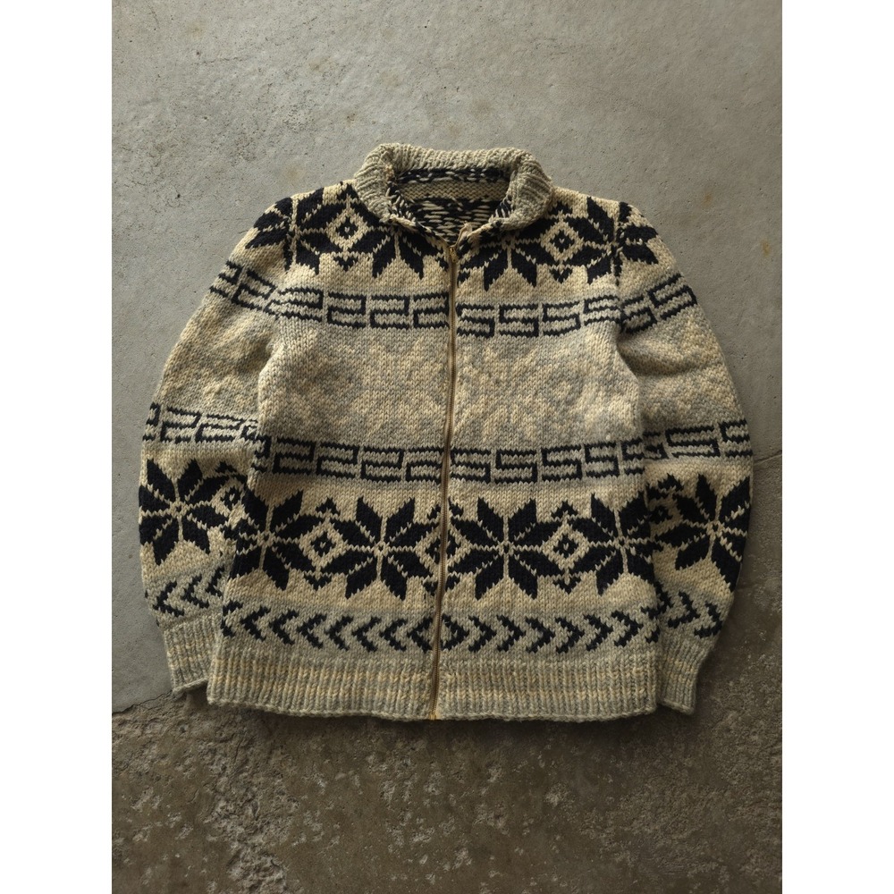Vintage‎ 1950s Wool Cowichan Curling Sweater Cardigan Snowflake Grey Black M